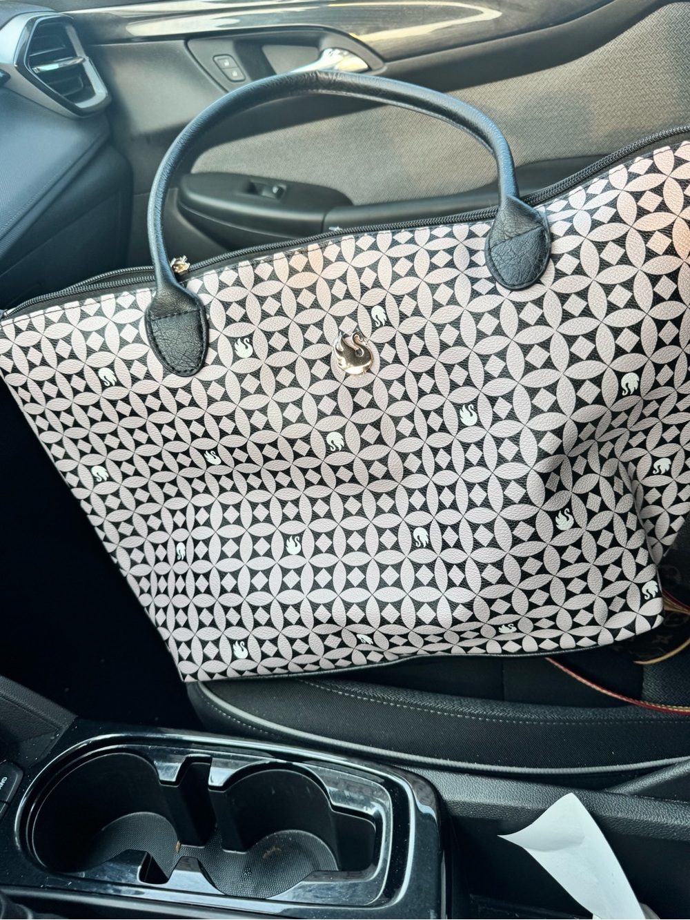 Geometric Pattern Tote Bag with Top Handles - Black White & lilac